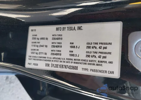 2019 Tesla Model 3 Long Range/Performance from USA, damaged, VIN 5YJ3E1EB7KF433608